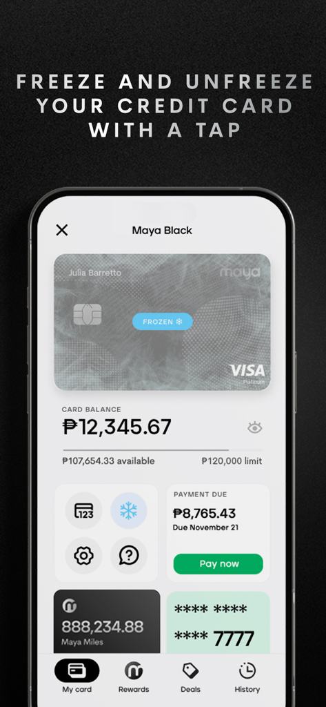 Maya – savings, loans, cards - Interface de l'application Maya affichant la fonction de gel et de dégel de la carte de crédit