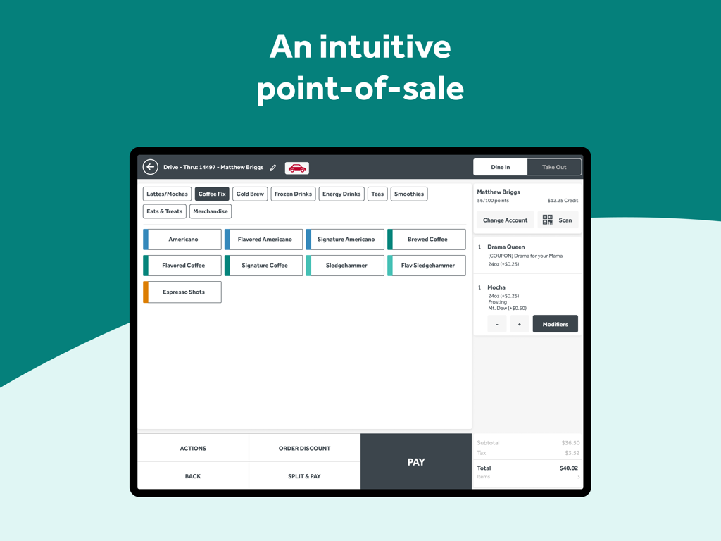 Crisp POS - Crisp POS app interface on an iPad showing a coffee shop ordering screen