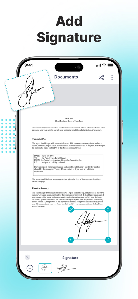 ScanX Pro: Scan PDF, Document - ScanX Pro mobile app interface for adding a digital signature to a scanned document.