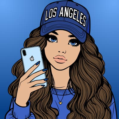 realistic beautiful girl wearing los ángeles cap holding an iphone