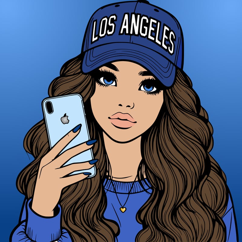 realistic beautiful girl wearing los ángeles cap holding an iphone