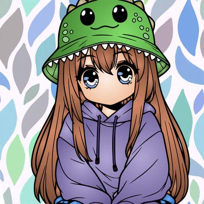 girl with anime shaped eyes with a dinosaur bucket hat oversized sweatshirt long straight hair