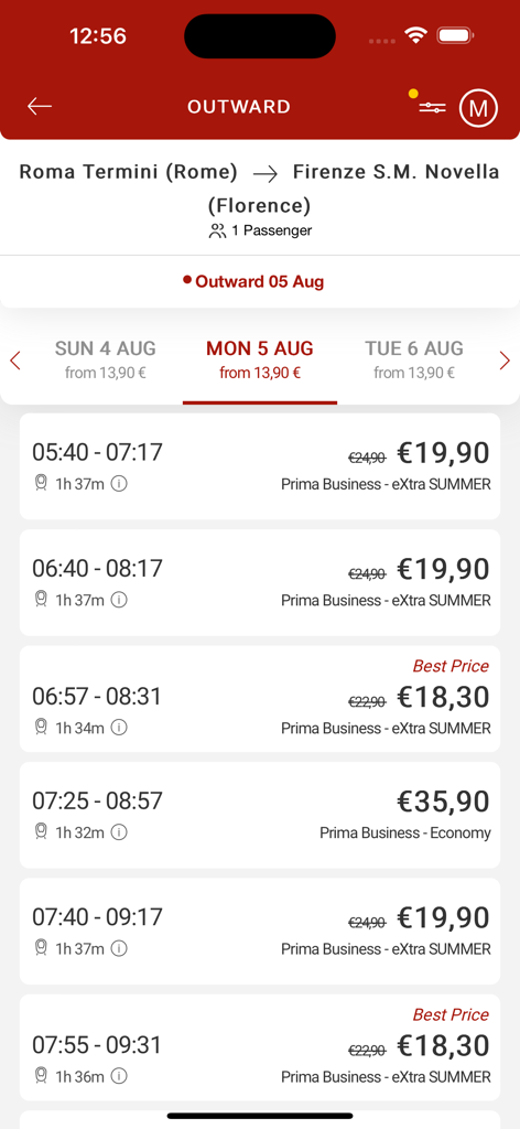 Italo: Italian Highspeed Train - Search results in the Italo app showing high-speed train times and prices from Rome to Florence.
