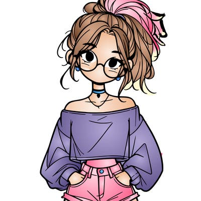 girl with a messy ponytail glasses a baggy crop top and jean shorts