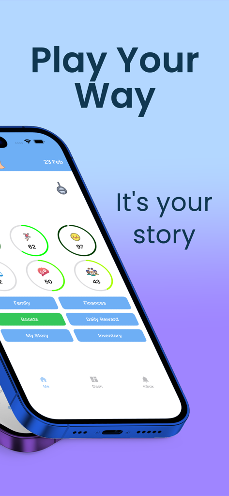 Gameplay dashboard of the Life Sim app showing various life categories and statistics on a smartphone