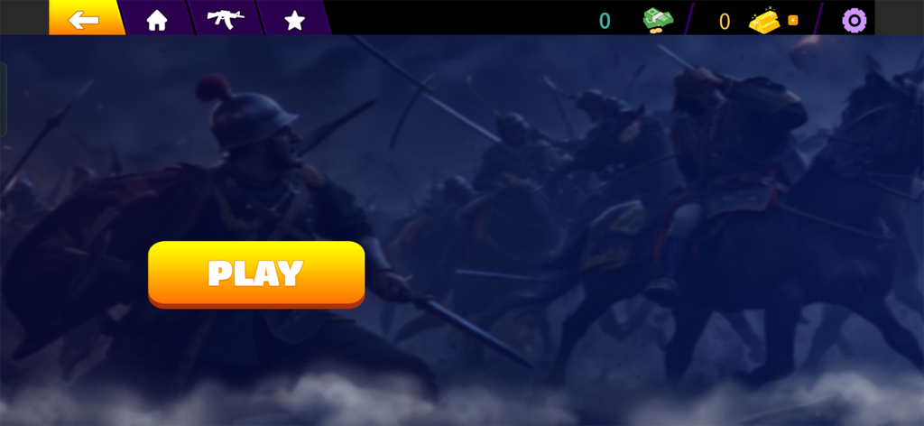 Infinity Battle Gun Game - The main menu screen of Infinity Battle Gun Game with a large yellow play button and a cinematic battle scene in the background