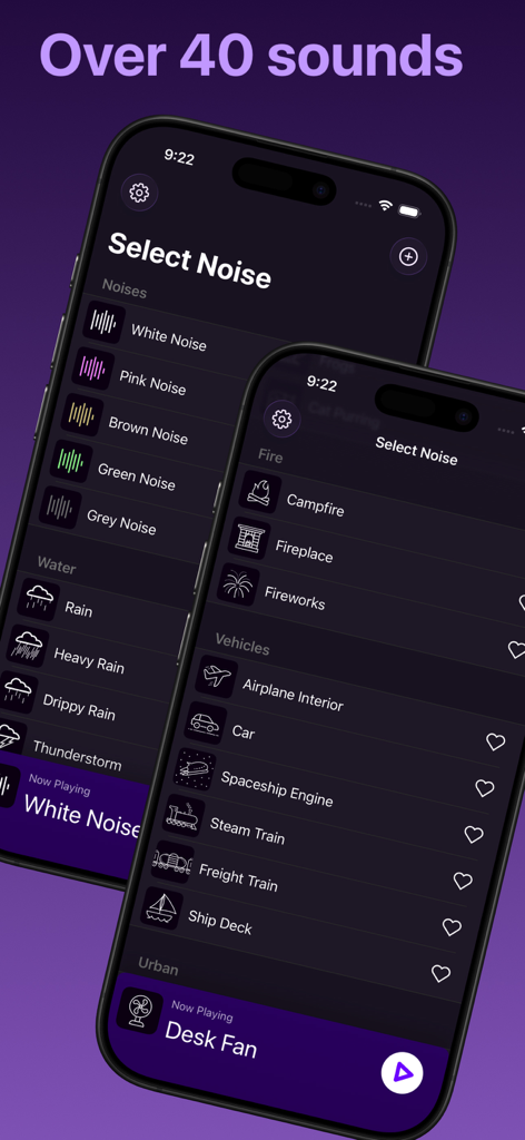 Dark Noise app interface on two iPhones showing a curated list of ambient sound categories like water fire and vehicles in a minimalist dark mode design