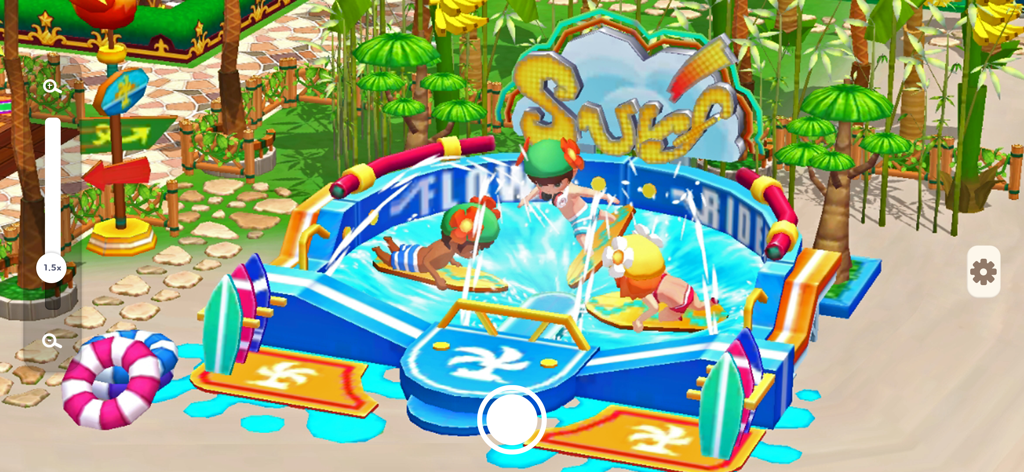 My Little Paradise: Island Sim - Personajes surfeando en una piscina de resort tropical en My Little Paradise Island Sim