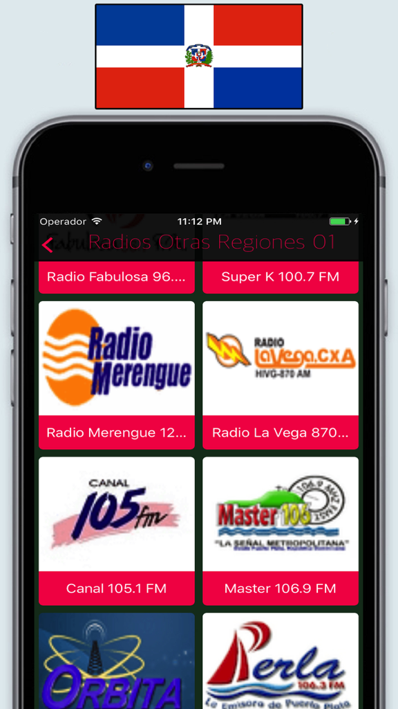 Cuadrícula de estaciones de radio en vivo de la República Dominicana en la app Radio Republic