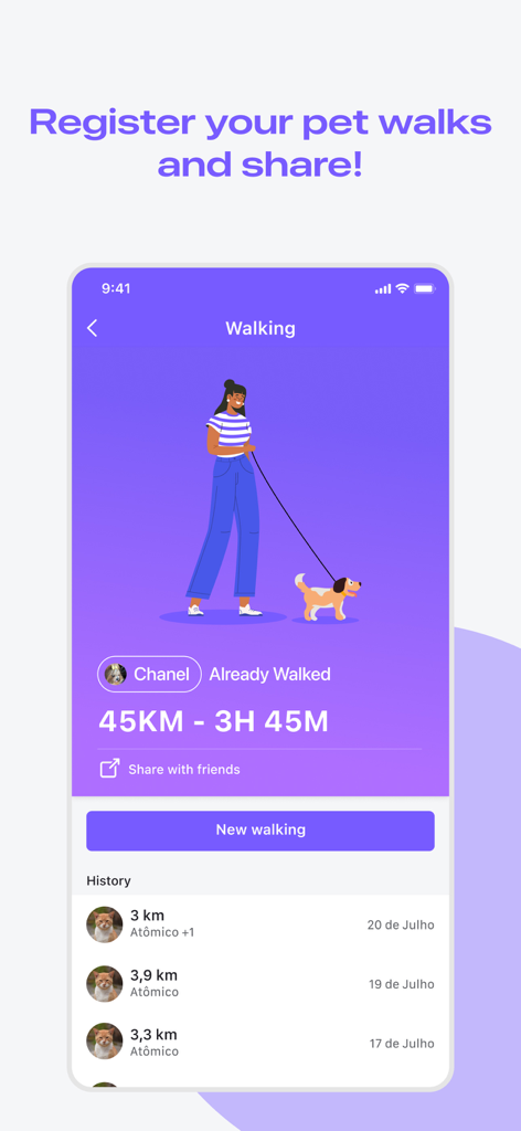 A mobile app screen for tracking pet walking distances and sharing activity history