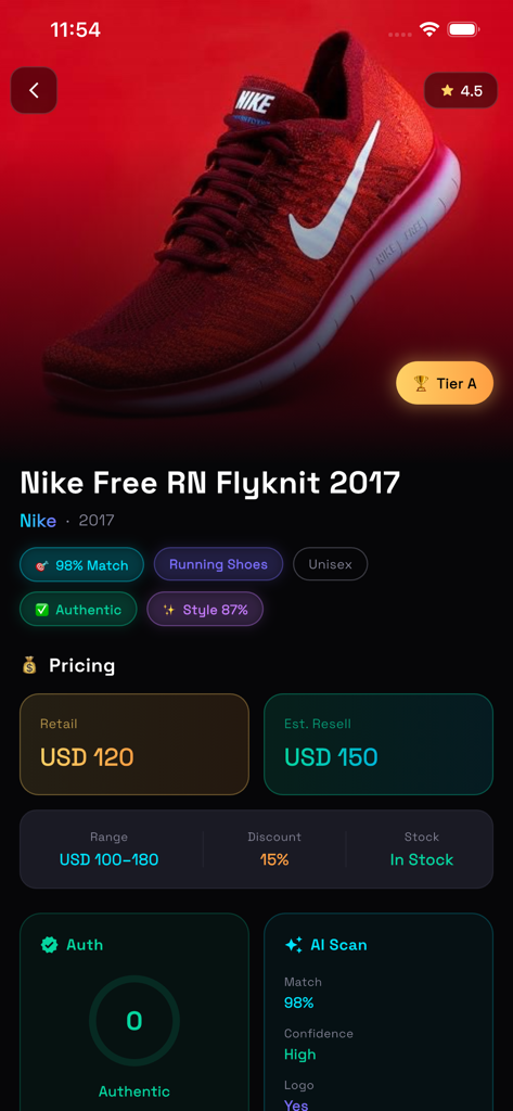 Sneaker Scanner app interface identifying a Nike Free RN Flyknit 2017 with retail and resale pricing