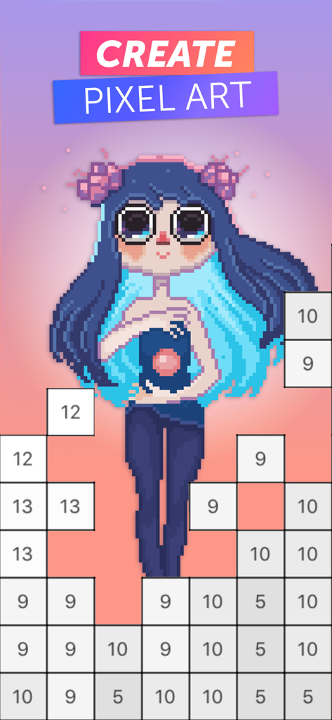 PixelArt by Picsart - A color by number interface from the PixelArt by Picsart app featuring a pixel art girl