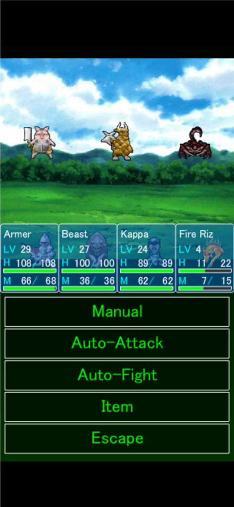 Monster Mate - Pixel art battle screen featuring various monsters and a combat menu in a grassy field.