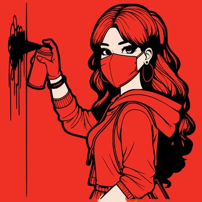 realistic girl with mask spray painting a wall