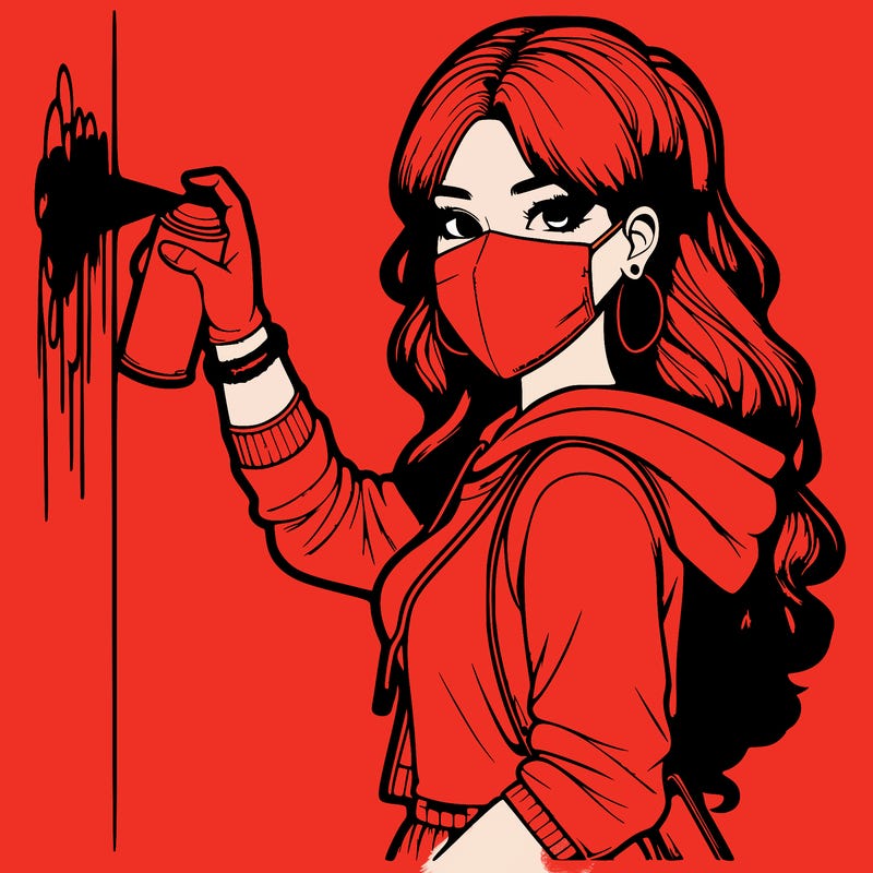 realistic girl with mask spray painting a wall