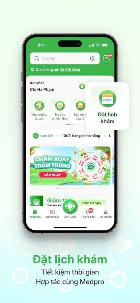 Nhà Thuốc An Khang - Nhà Thuốc An Khangアプリのインターフェース。医療予約機能が強調されています