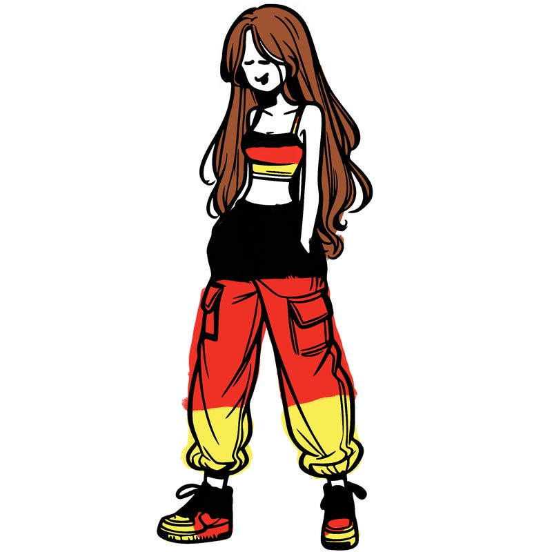 girl in baggy pants crop top and long hair