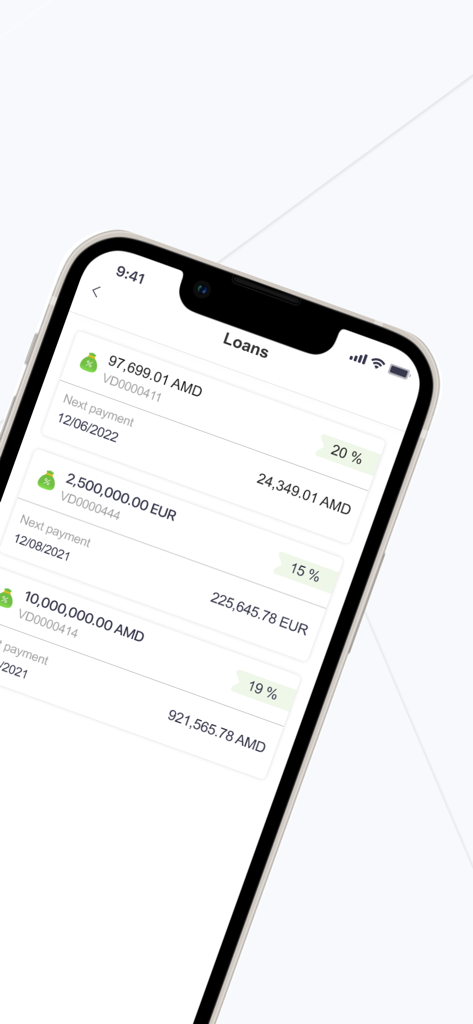 Ameria Mobile Banking - Ameria Mobile Banking app screen showing loan balances and interest rates.