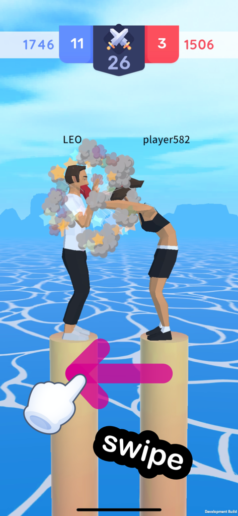 Push SUMO Battle -Online Game- - Gameplay screenshot of Push SUMO Battle showing two characters competing on pillars with a swipe gesture instruction.