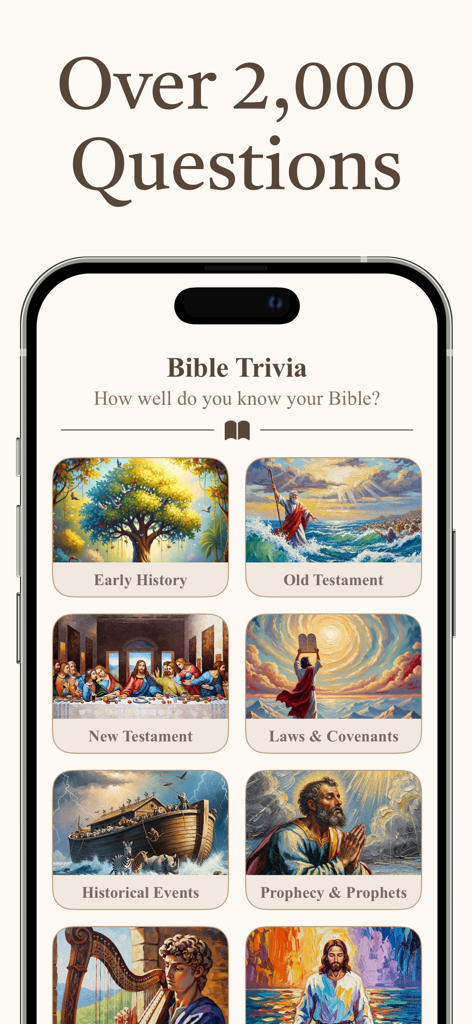 Bible Trivia: Quiz Game - Mobile screen showing Bible trivia categories like Old Testament and New Testament with biblical illustrations