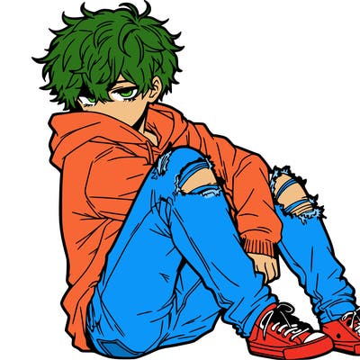 a male hoddie ripped jeans messy hair anime