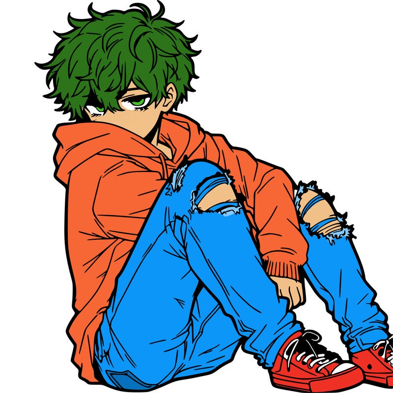 a male hoddie ripped jeans messy hair anime