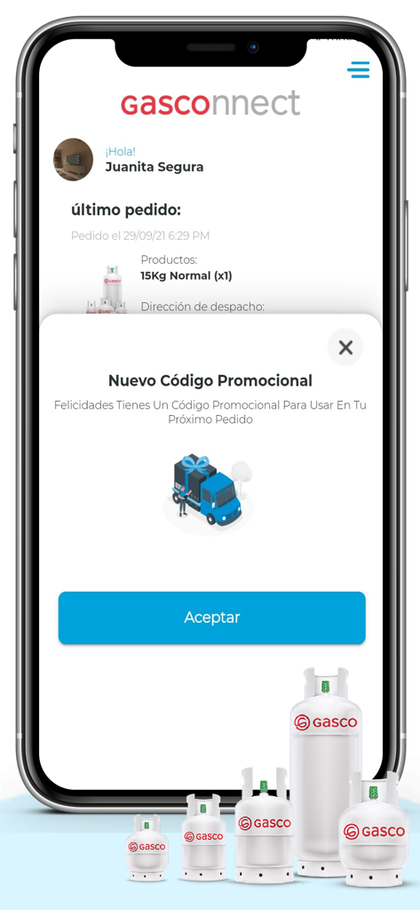 Gasconnect App-Bildschirm mit einer Benachrichtigung über einen Aktionscode und einer Illustration eines Lieferwagens