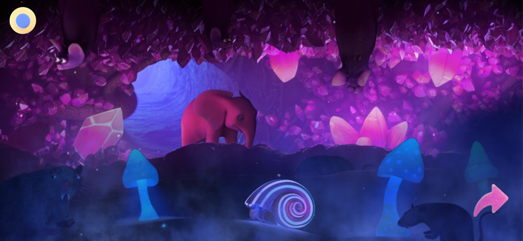 Dinkytoon Interactive Stories - Elefantito rosa explorando una cueva de cristal mágica y morada con hongos brillantes y murciélagos.