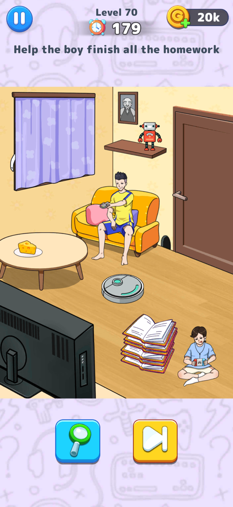 Prison Puzzle: Brain Twist - Gameplay screenshot of Prison Puzzle Brain Twist showing a level where players must help a boy finish his homework in a living room environment.