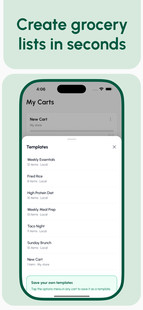A mobile interface of the GroceryBudget app showing various grocery shopping list templates like Weekly Essentials and Meal Prep.
