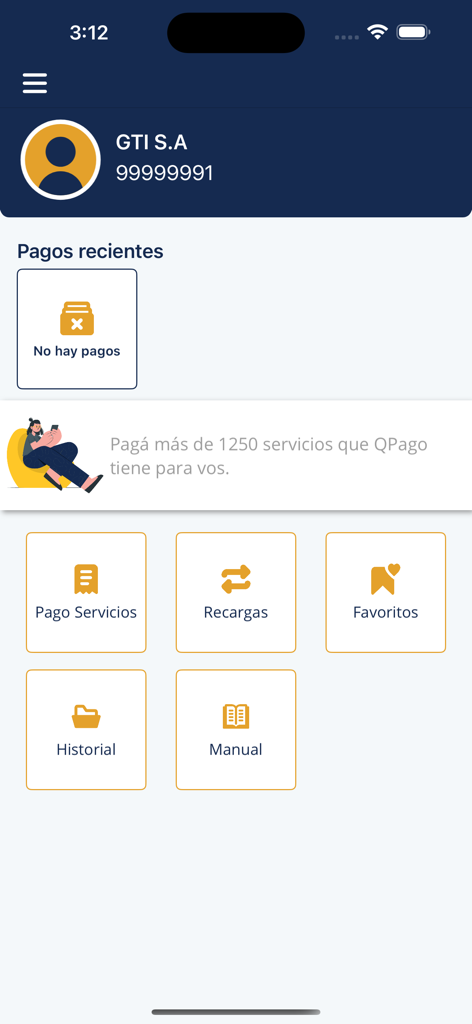 QPago - QPago mobile app dashboard featuring service payments and recharges