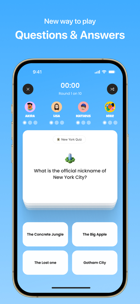 Dato: Trivia Brain Quiz Games - Una pantalla móvil de la aplicación de trivia Dato que muestra una pregunta de concurso sobre apodos de la ciudad de Nueva York con avatares multijugador.