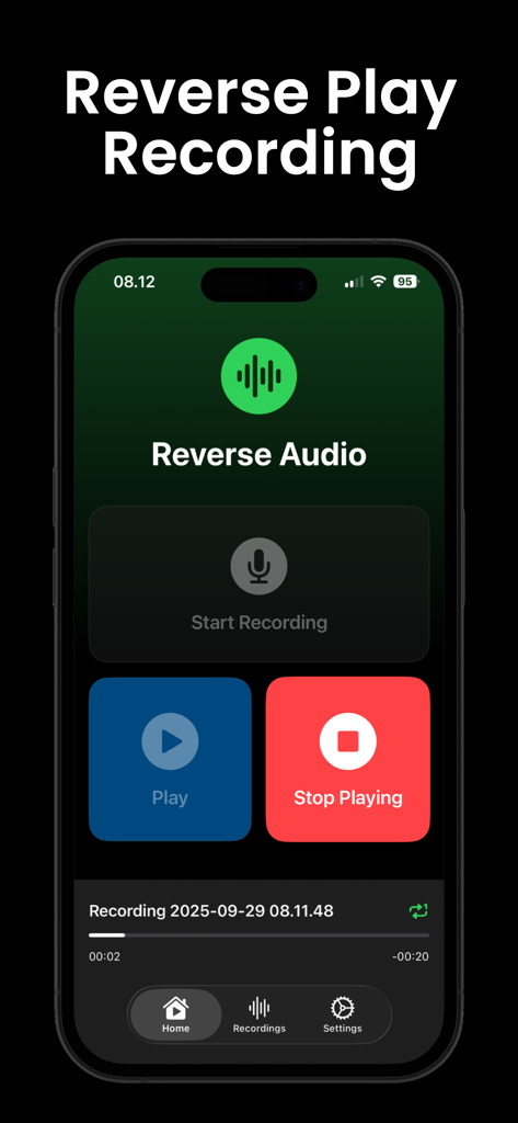 Reverse Audioアプリのインターフェース、録音開始、再生、音声再生停止ボタンを表示し、サウンドを逆再生