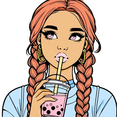 realistic girl with braided hair drinking boba