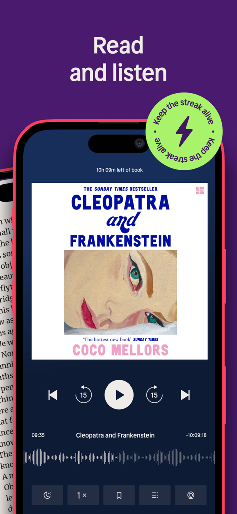 Nextory: Audiobooks & E-books - Interface do aplicativo móvel Nextory para reprodução de audiolivros com controles de reprodução e capa do livro