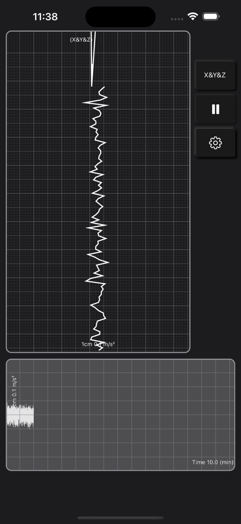 Echtzeit-Vibrationsanalyse-Oberfläche mit X-, Y- und Z-Achsen-Beschleunigung auf einer Seismographen-ähnlichen Anzeige.