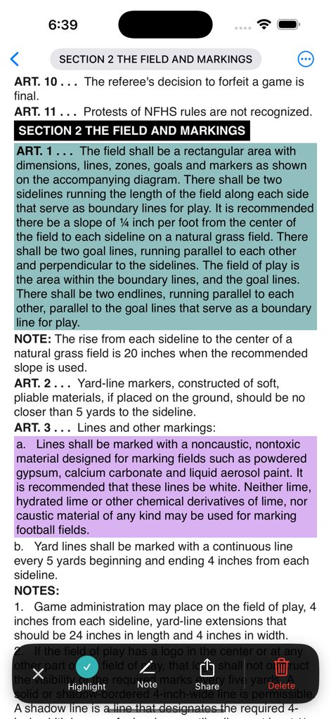 NFHS Digital - NFHS Digital app screen with highlighted rules and annotation tools