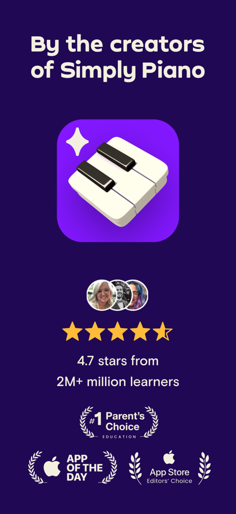 Promotional graphic for Simply Play piano app showing a 4.7 star rating and App Store awards