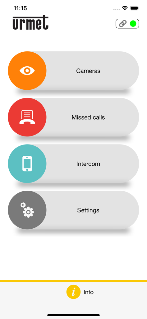 Urmet CallMe - Menú principal de la app Urmet CallMe mostrando opciones para cámaras, llamadas perdidas, videoportero y configuración