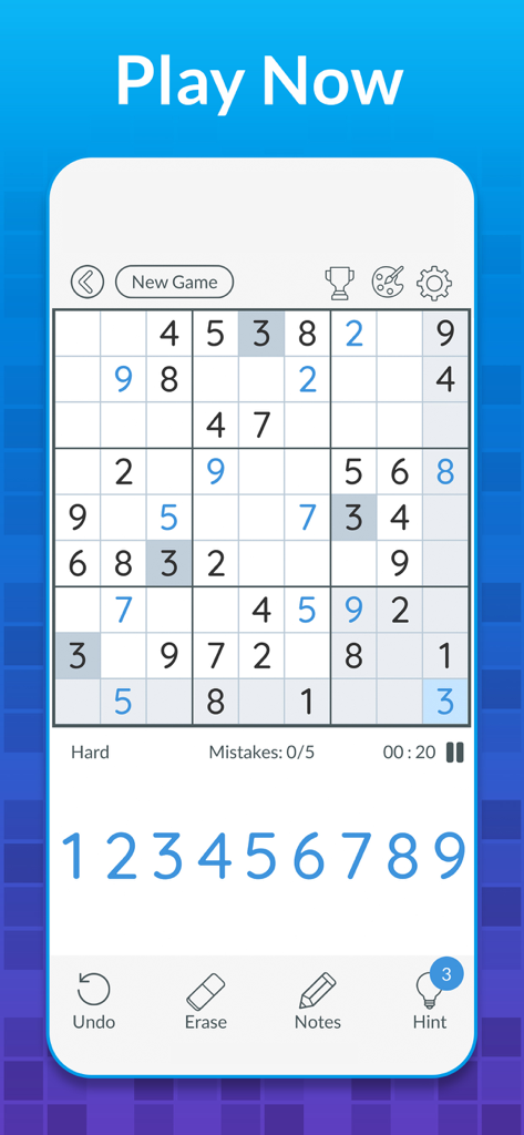 Sudoku ▦ - Interface de l'application mobile Sudoku montrant une grille de casse-tête logique en difficulté difficile