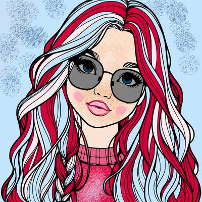 girl with long hair and freckles and glasses realistic
