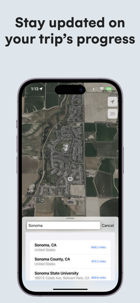 RV Trip Co-pilot - Una captura de pantalla de la aplicación Copiloto de Viajes RV mostrando un mapa con resultados de búsqueda para Sonoma y seguimiento de distancia
