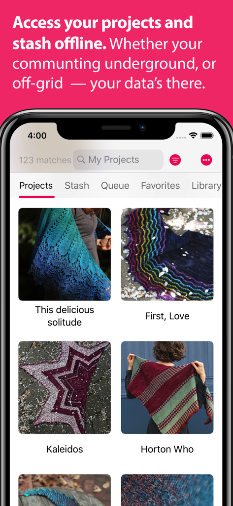 A smartphone displaying the Ravit app with a grid of knitting projects and a message about offline access.