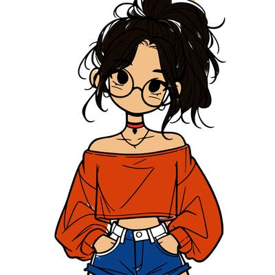 girl with a messy ponytail glasses a baggy crop top and jean shorts
