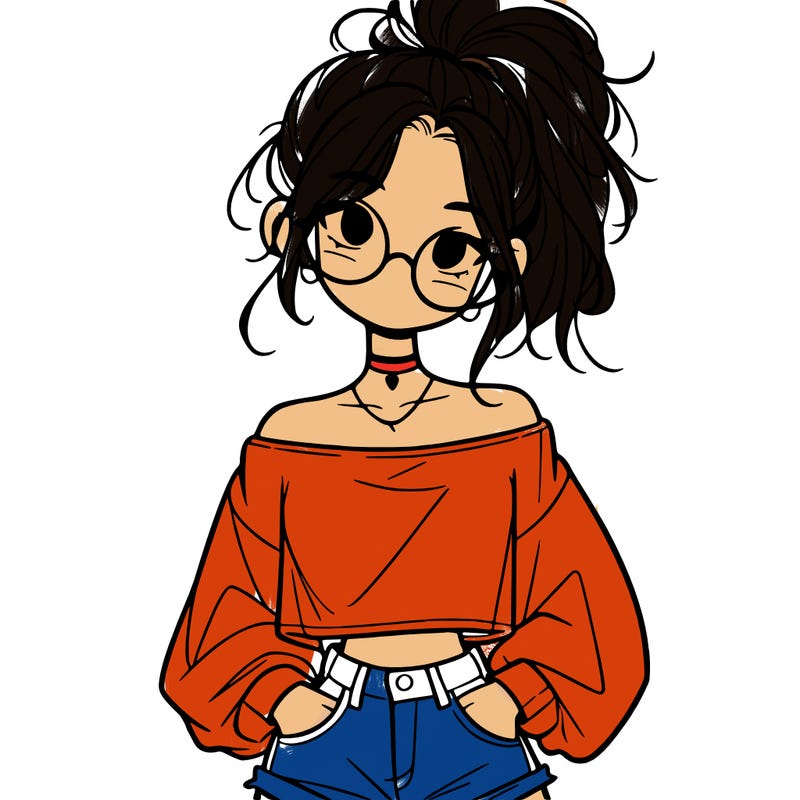 girl with a messy ponytail glasses a baggy crop top and jean shorts