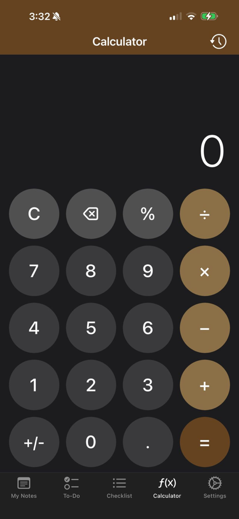 Note Book App - Una función de calculadora integrada dentro de la App Bloc de Notas con un tema oscuro y botones circulares marrones para cálculos de productividad.