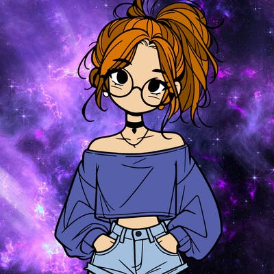 girl with a messy ponytail glasses a baggy crop top and jean shorts