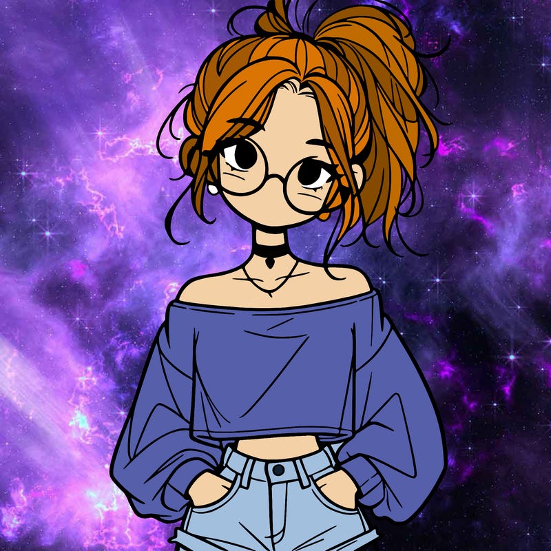 girl with a messy ponytail glasses a baggy crop top and jean shorts