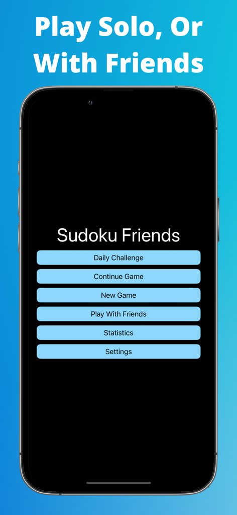 Sudoku Friends - Sudoku - Pantalla de inicio de la aplicación Sudoku Friends en un iPhone que muestra opciones para juego en solitario y multijugador con amigos.