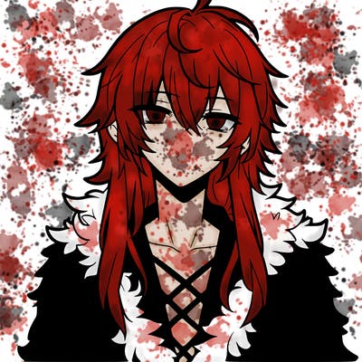 anime guy, long white hair, a red fluffy shirt